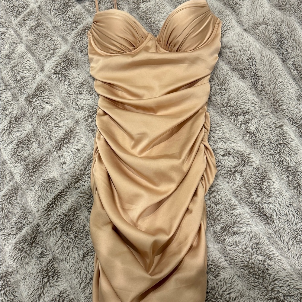 Elegant Tan Ruched Dress
